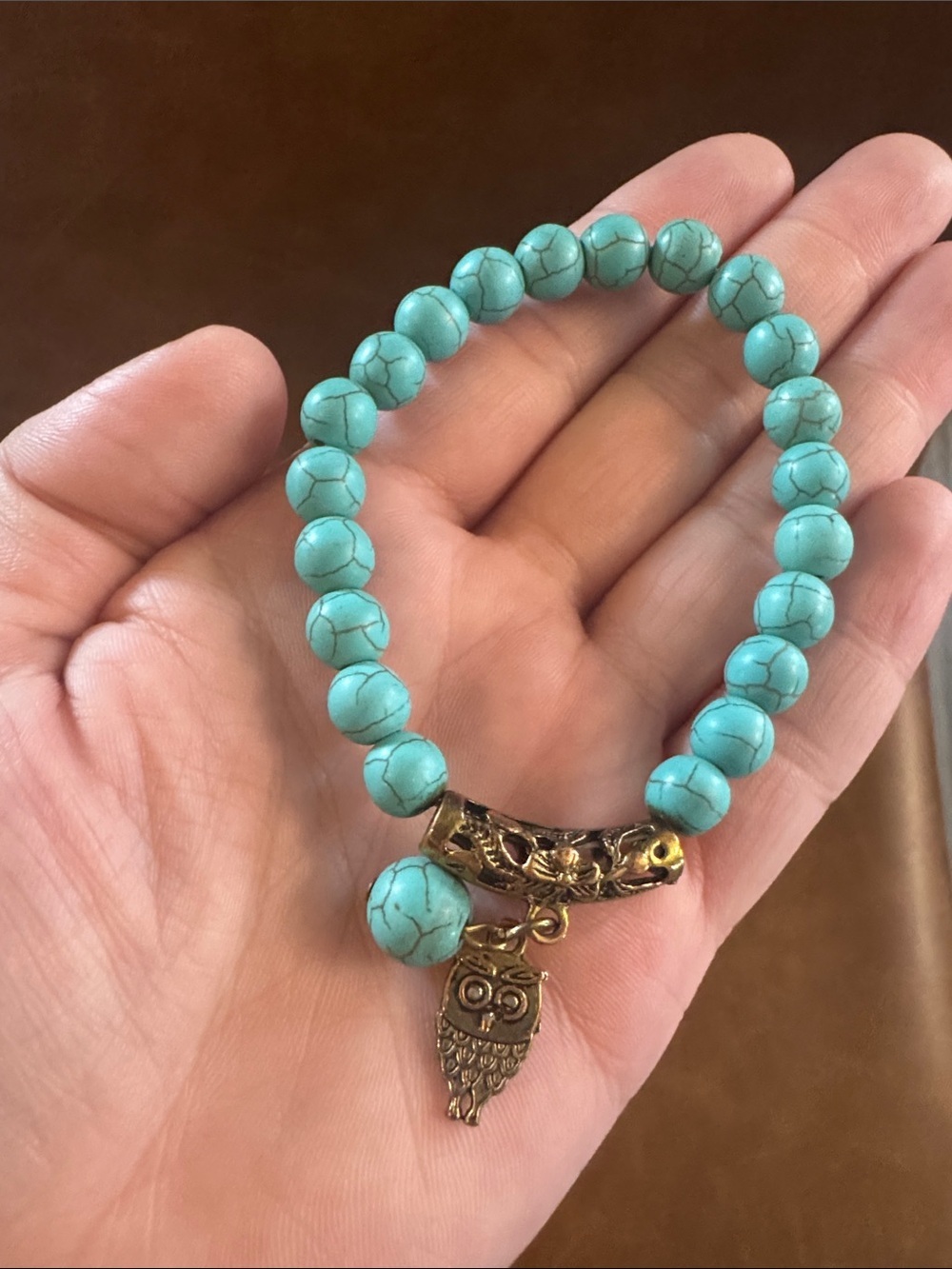 Turquoise Beaded Bracelet with Gold Owl Charm - Women Jewelry
